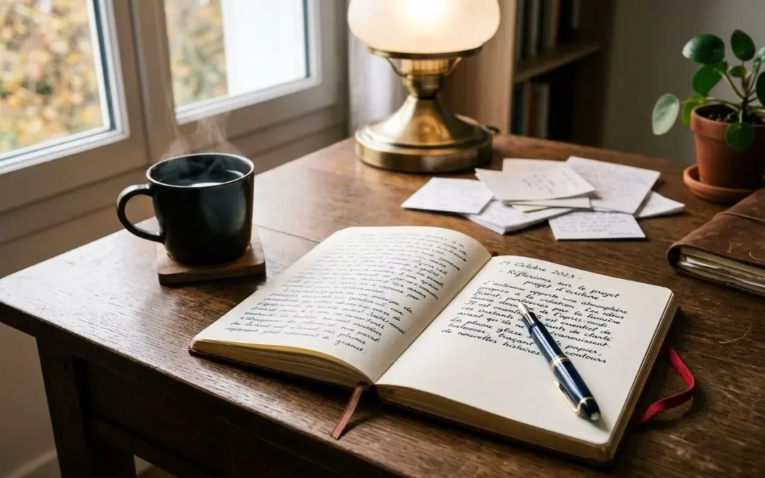 Aquarelle: open notebook posé sur un bureau, page écrite à la main, stylo noir posé dessus, tasse de café, lampe et enveloppes sur fond lumineux près d’une fenêtre. orthographe homonymes fréquents astuces.