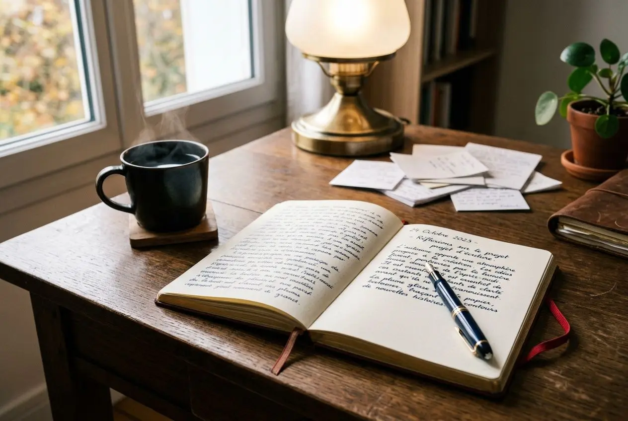 Bureau d'écrivain avec texte manuscrit