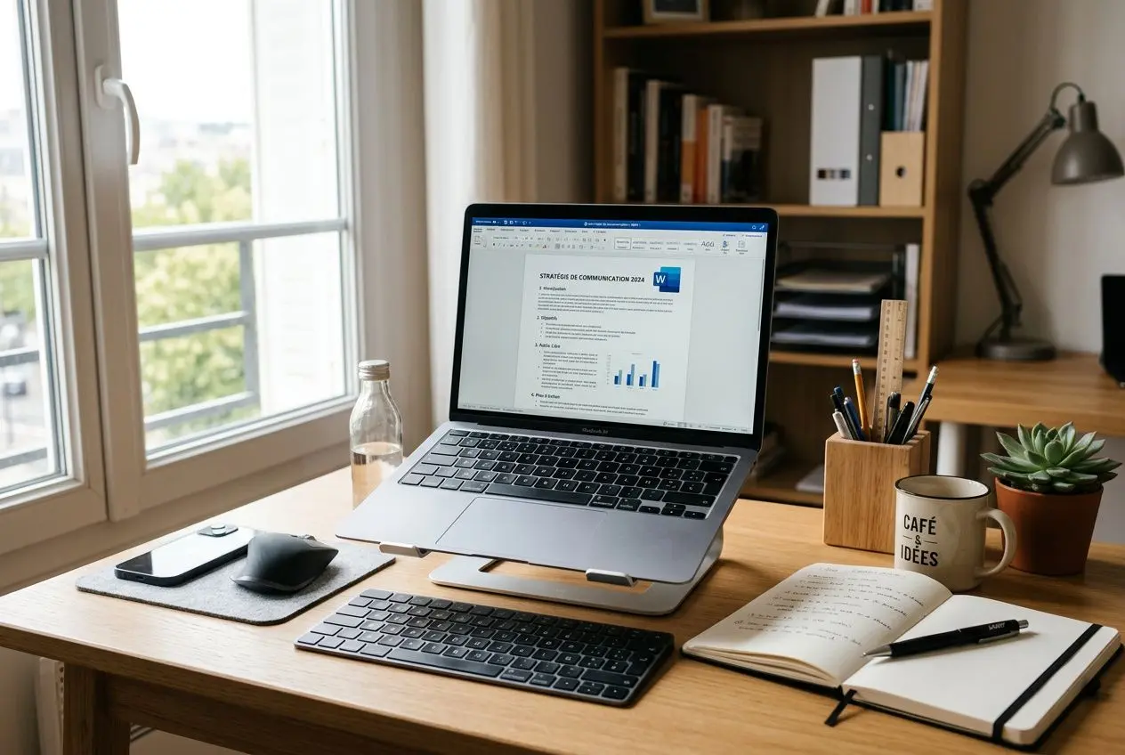 Bureau avec ordinateur portable ouvert sur un document, clavier, carnet et stylo; lumière naturelle par la fenêtre et plantes en pot. orthographe homonymes fréquents astuces est intégrée naturellement dans la description.