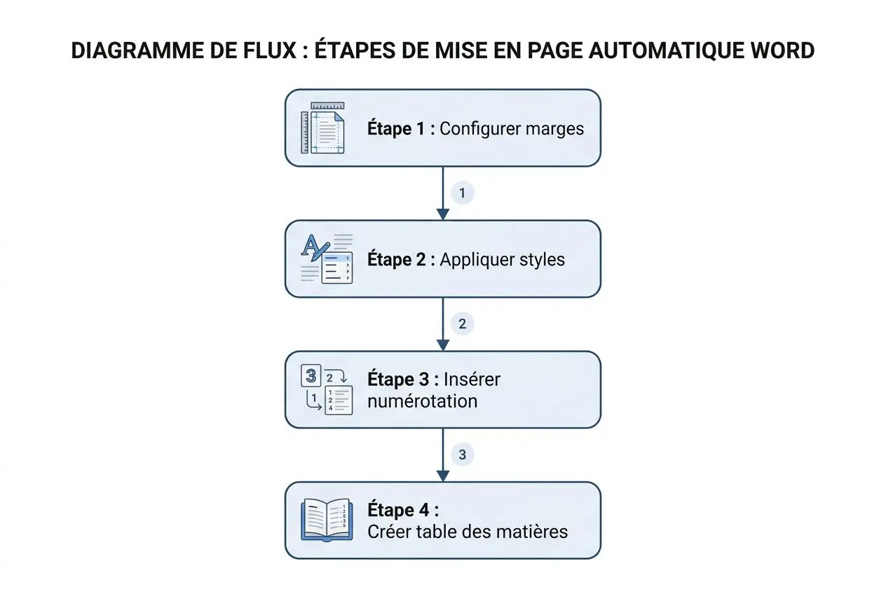 Diagramme de flux montrant les étapes de mise en page automatique sur Word: marges, styles, numérotation et création d’une table des matières.