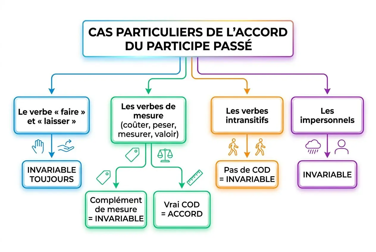 Diagramme illustrant les cas particuliers de l’accord du participe passé avec avoir, avec flèches et boîtes colorées expliquant les règles et exceptions.
