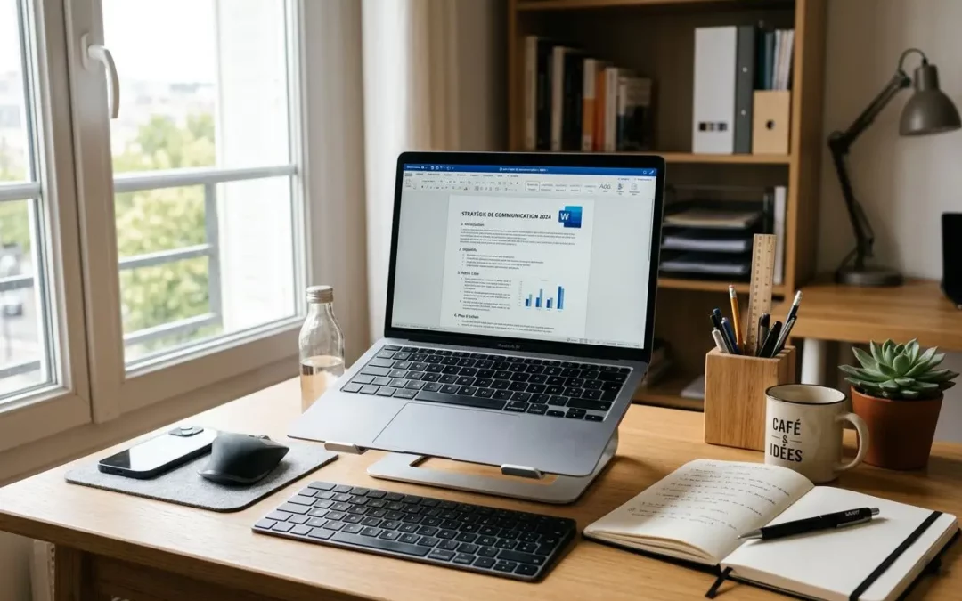 Ordinateur portable sur un bureau, écran affichant un document Word au milieu, entouré de fournitures de bureau et d’un carnet ouvert.