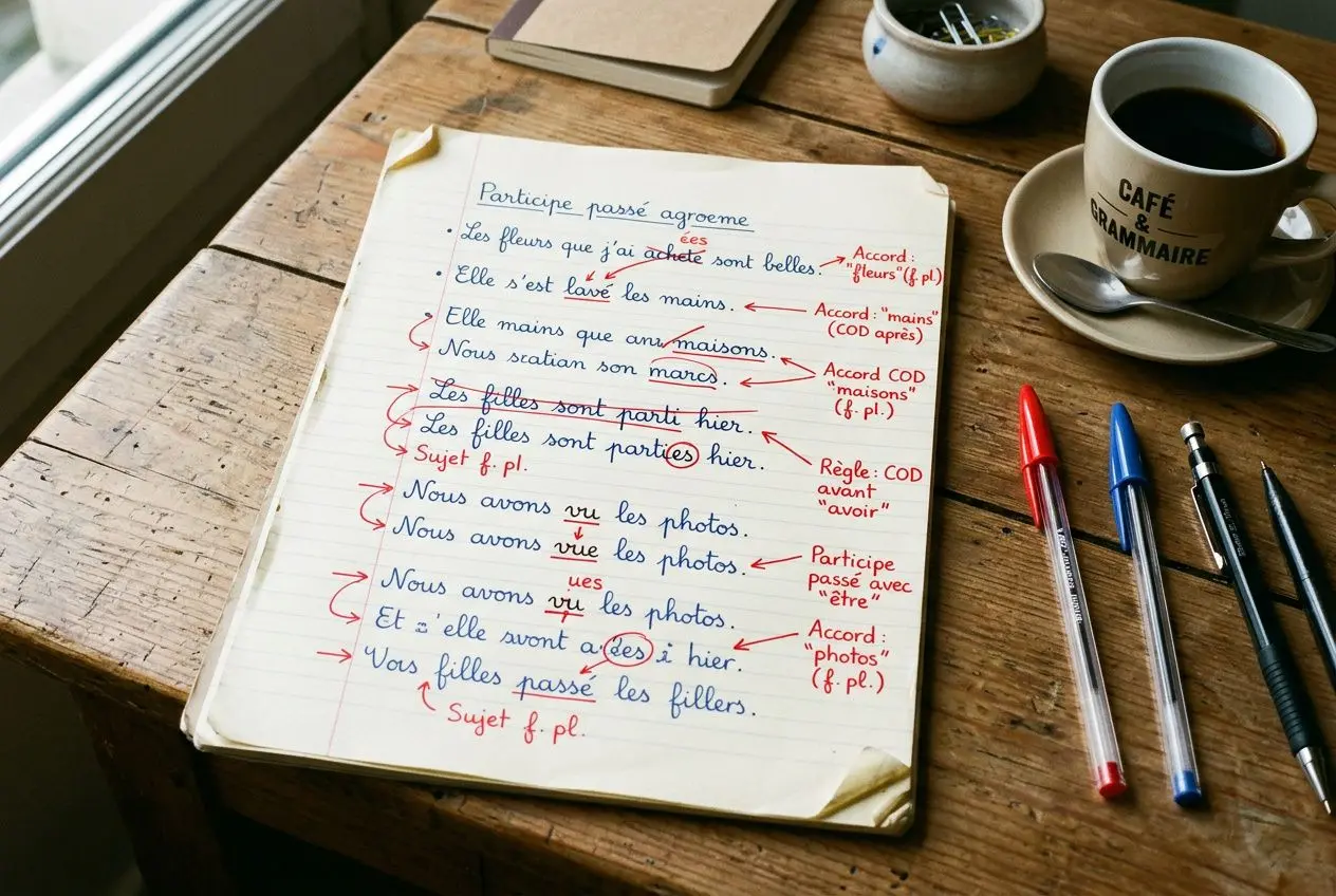 Page ouverte d’un carnet à spirales avec des notes sur l’accord du participe passé avec avoir, stylo rouge et bleu, tasse de café sur le côté.