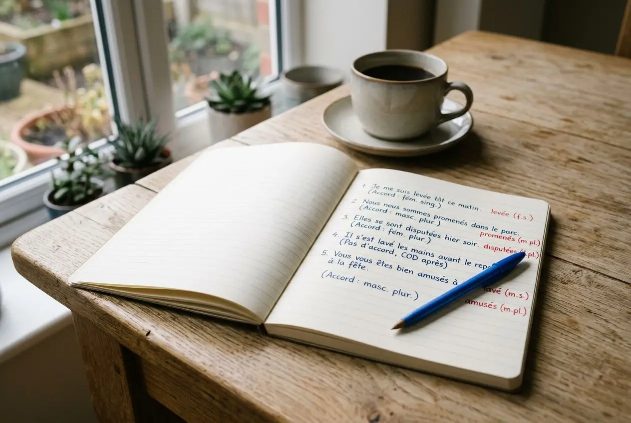Accord du participe passé des verbes pronominaux, page ouverte sur table, carnet, plume bleue et tasse de café près de la fenêtre.