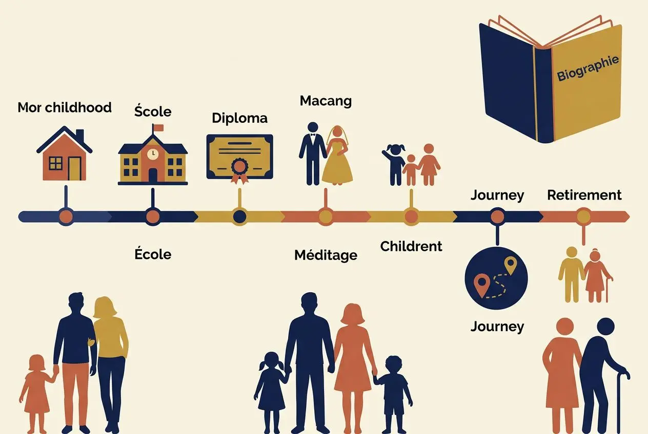 Alt: Ligne du temps affichant les étapes de vie: Mor childhood, École, Diplôme, Méditation, Macang, Children, Journey, Retirement, avec des silhouettes et un livre "Biographie" en coin. intégré le terme aide pour écrire sa biographie.