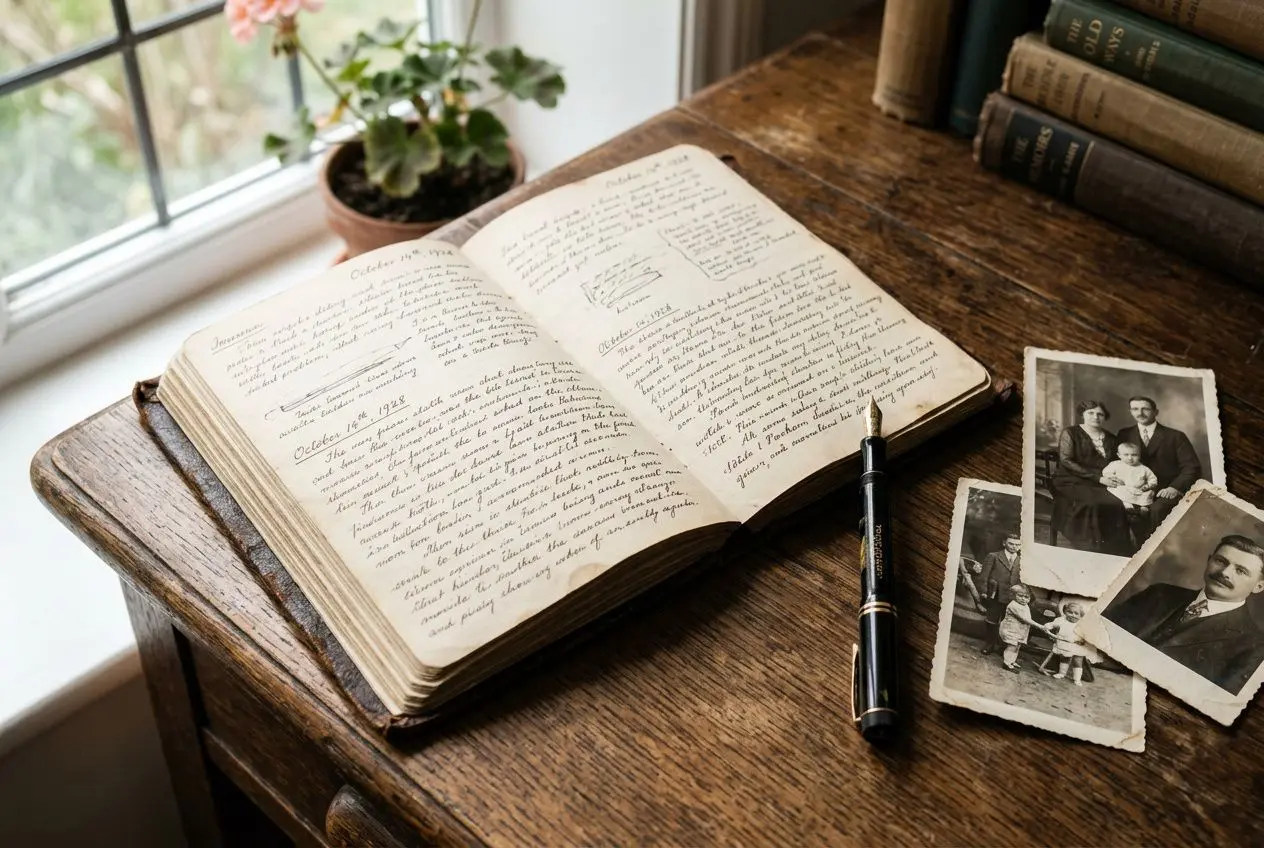 Cahier ouvert sur une table en bois avec plume, photos anciennes et plantes à côté, évoquant pourquoi écrire ses mémoires.