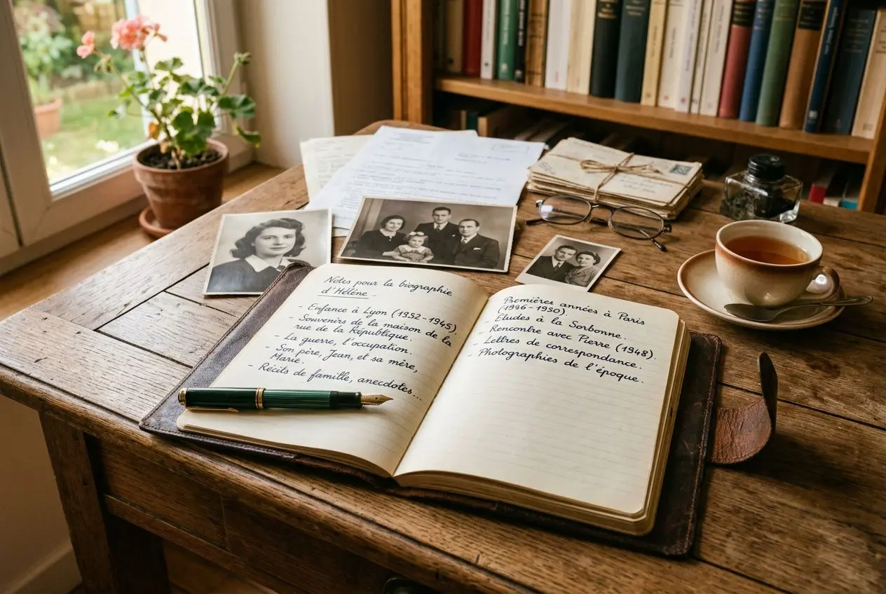Cajet de travail vintage: carnet ouvert avec notes et photos noires et blanches, plume et tasse de café sur une table en bois, bibliothèque et plantes en arrière-plan. Intègre le mot-clé "comment faire une biographie" de façon naturelle.