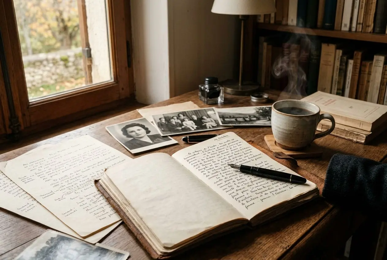 Dernier plan d’un bureau lisible avec carnet et écriture manuscrite, photos anciennes et tasse de café, près d’une fenêtre. Différence entre biographie et autobiographie.