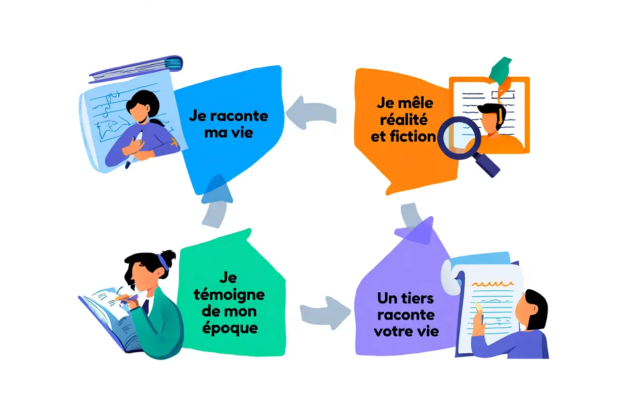 Différence entre biographie et autobiographie: illustration montrant les interactions entre récit de vie et témoignages, avec phrases « Je raconte ma vie », « Je témoigne de mon époque » et « Un tiers raconte votre vie ».