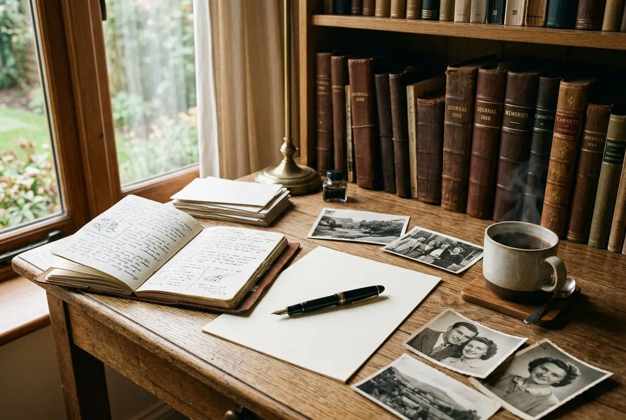 Espace d’écriture ancien: carnet ouvert, page blanche, stylo, photos noir et blanc et mug près d’un livre des rangées de bibliothèques; ambiance d’écriture intime. intégration: comment écrire une autobiographie.