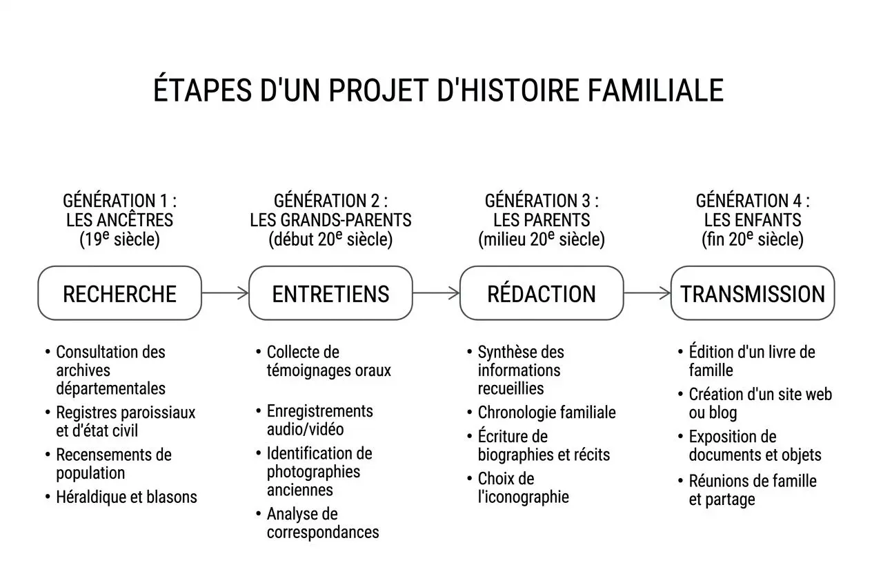 Étapes d'un projet d'histoire familiale: pourquoi écrire ses mémoires et transmettre votre récit de vie, avec générations et étapes clés.