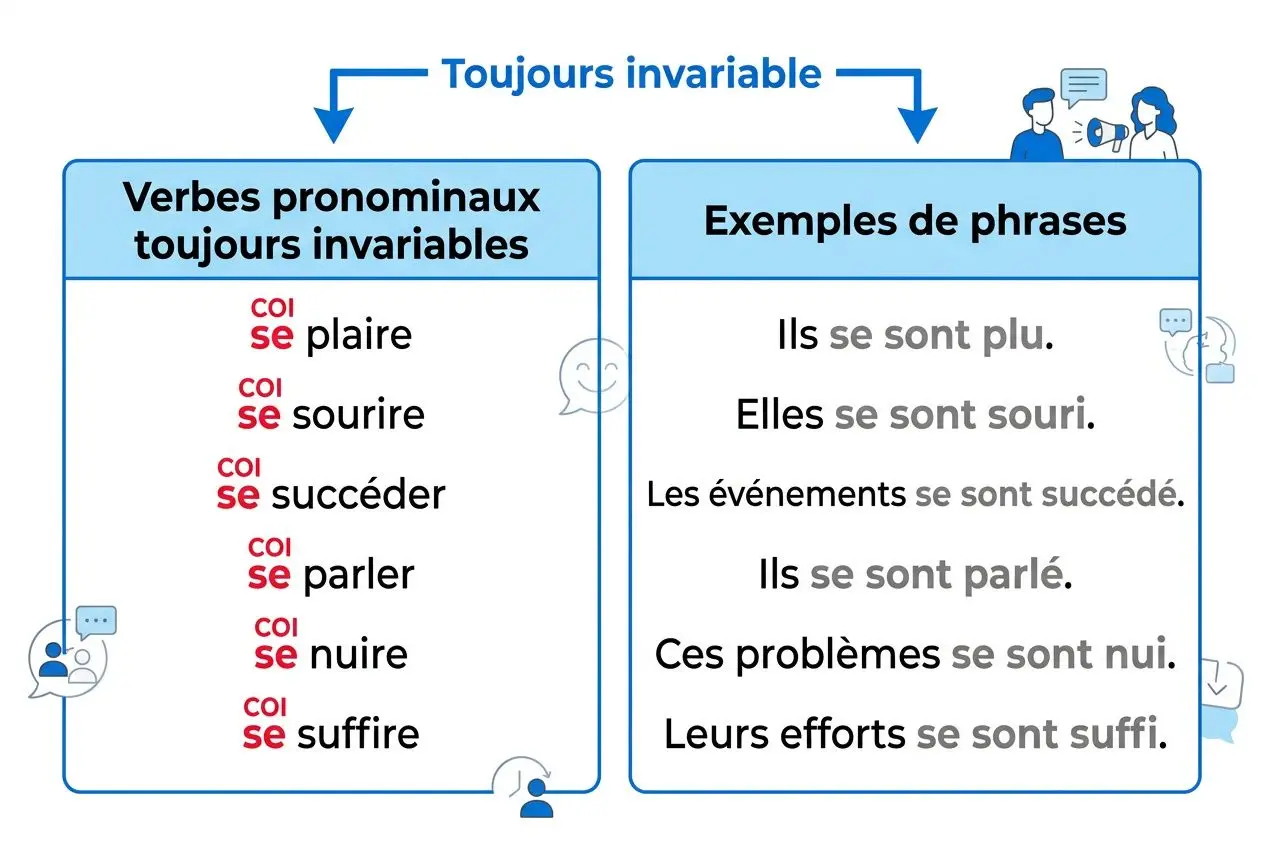 Exemple d’accord du participe passé des verbes pronominaux avec colonnes: “Verbes pronominaux toujours invariables” et “Examples de phrases” montrant des phrases comme Ils se sont plu, Elles se sont souri, Les événements se sont succédé, Ils se sont parlé, Ces problèmes se sont nui, Leurs efforts se sont suffi.