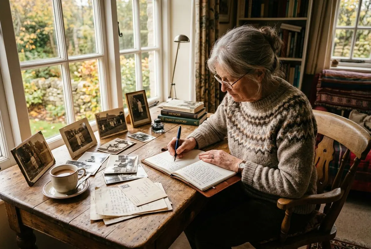 Une femme âgée écrit dans un carnet, entourée de photos et de lettres sur une table en bois près d’une fenêtre, avec un café à côté. Aide pour écrire une autobiographie et conseils à portée de main.