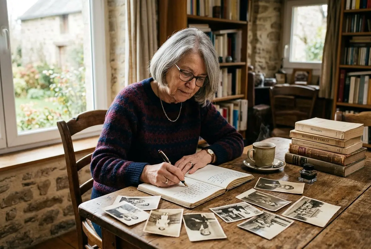 Une femme âgée écrit dans un carnet, entourée de photos et de livres sur une table en bois.