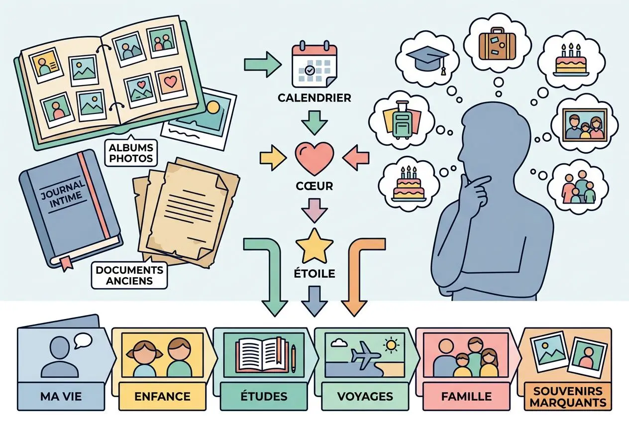 Illustration pédagogique montrant des albums photo et journaux, un calendrier et des mémos, puis un esprit pensif reliant souvenirs et projets, avec des catégories “Ma vie”, “Enfance”, “Études”, “Voyages”, “Famille”, “Souvenirs marquants” et le thème « comment écrire une autobiographie ».