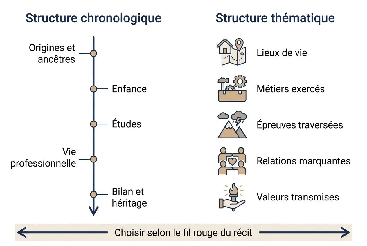 Infographie sur la structure d’une biographie: volets chronologique et thématique, avec chemins de vie et valeurs transmises. intégration du thème “comment faire une biographie”.