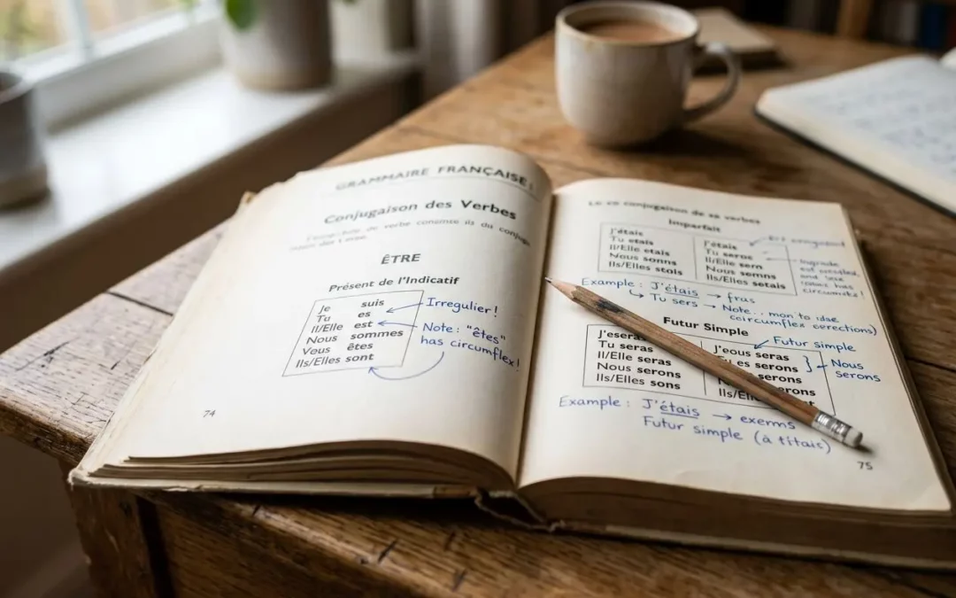 Page ouverte sur un manuel de conjugaison française, avec un crayon posé et une tasse à côté, sur une table en bois. Différence entre imparfait et passé simple.