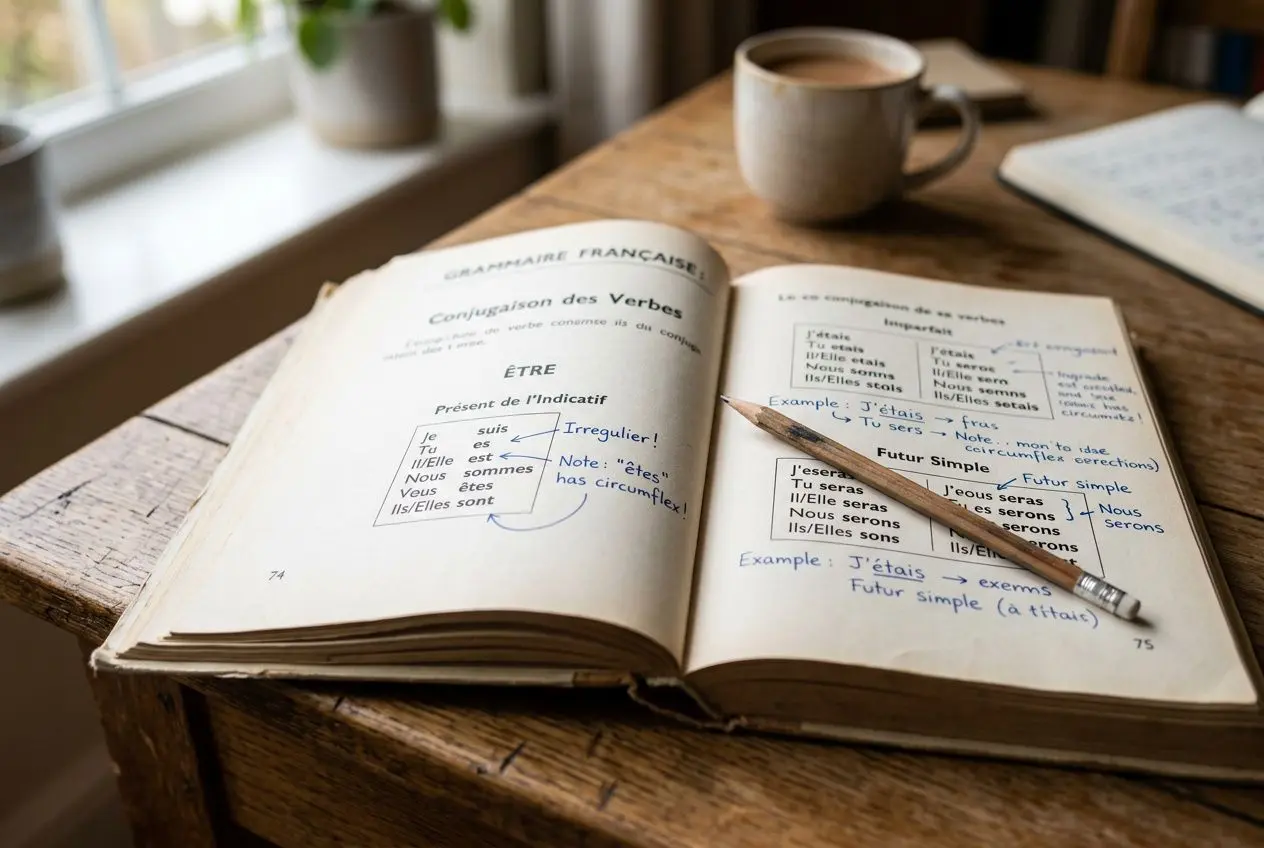 Page ouverte sur un manuel de conjugaison française, avec un crayon posé et une tasse à côté, sur une table en bois. Différence entre imparfait et passé simple.