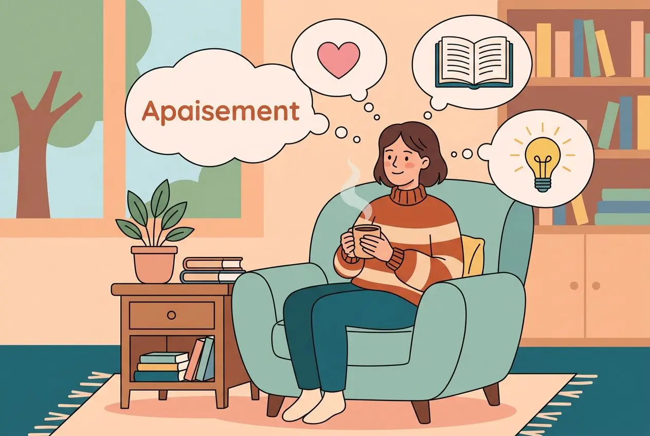 Personne assise dans un fauteuil, tenant une tasse; bulle "Apaisement" et idées—livres et lampe—pour quoi écrire ses mémoires, ambiance cosy.