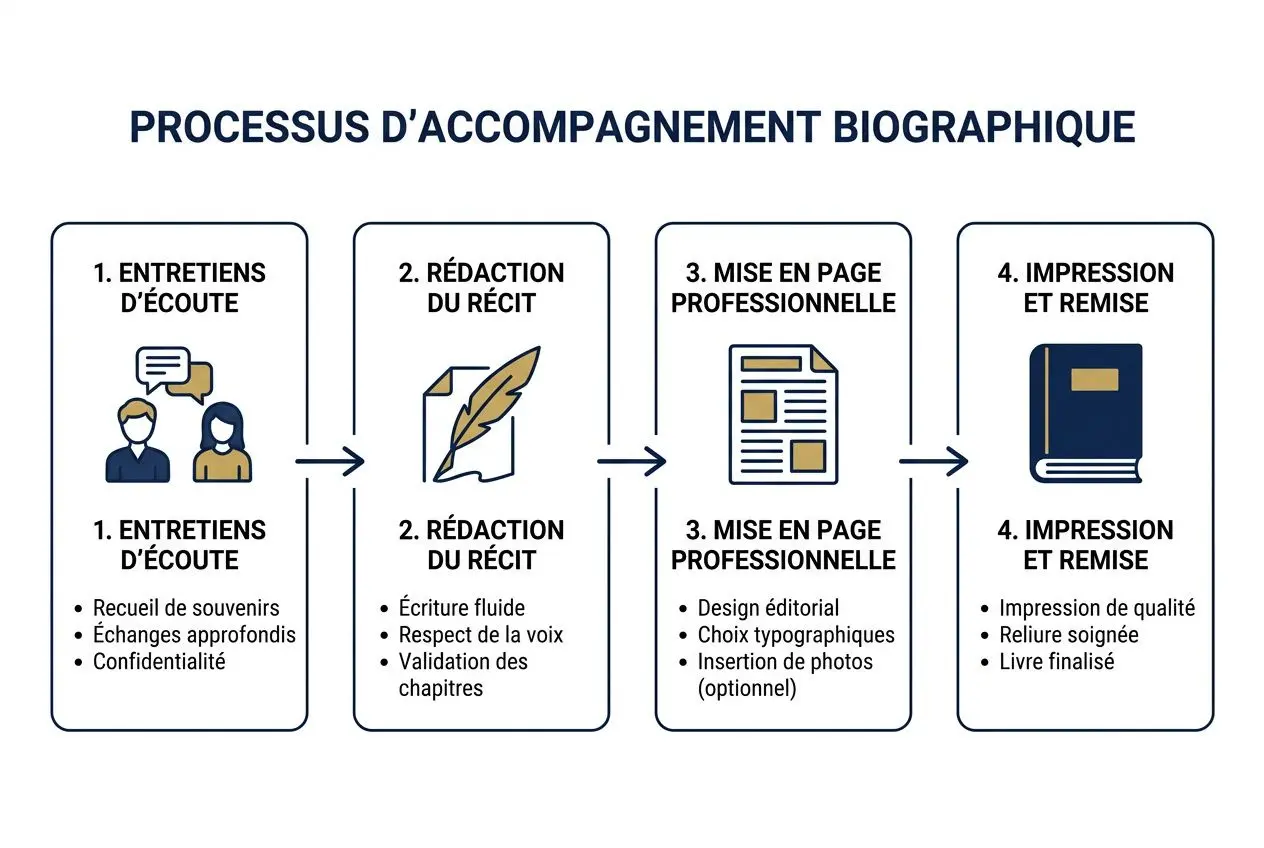 Processus d’accompagnement biographique illustrant les étapes: entretiens d’écoute, rédaction du récit, mise en page professionnelle et impression remise. Inclut aide pour écrire sa biographie.