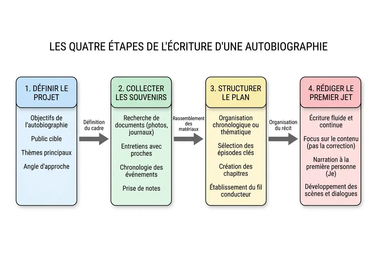 Les quatre étapes de l’écriture d’une autobiographie présentées: définir le projet, collecter les souvenirs, structurer le plan et rédiger le premier jet, avec des blocs colorés et des flèches entre les étapes. Inclut le thème “aide pour écrire une autobiographie” comme guide général.