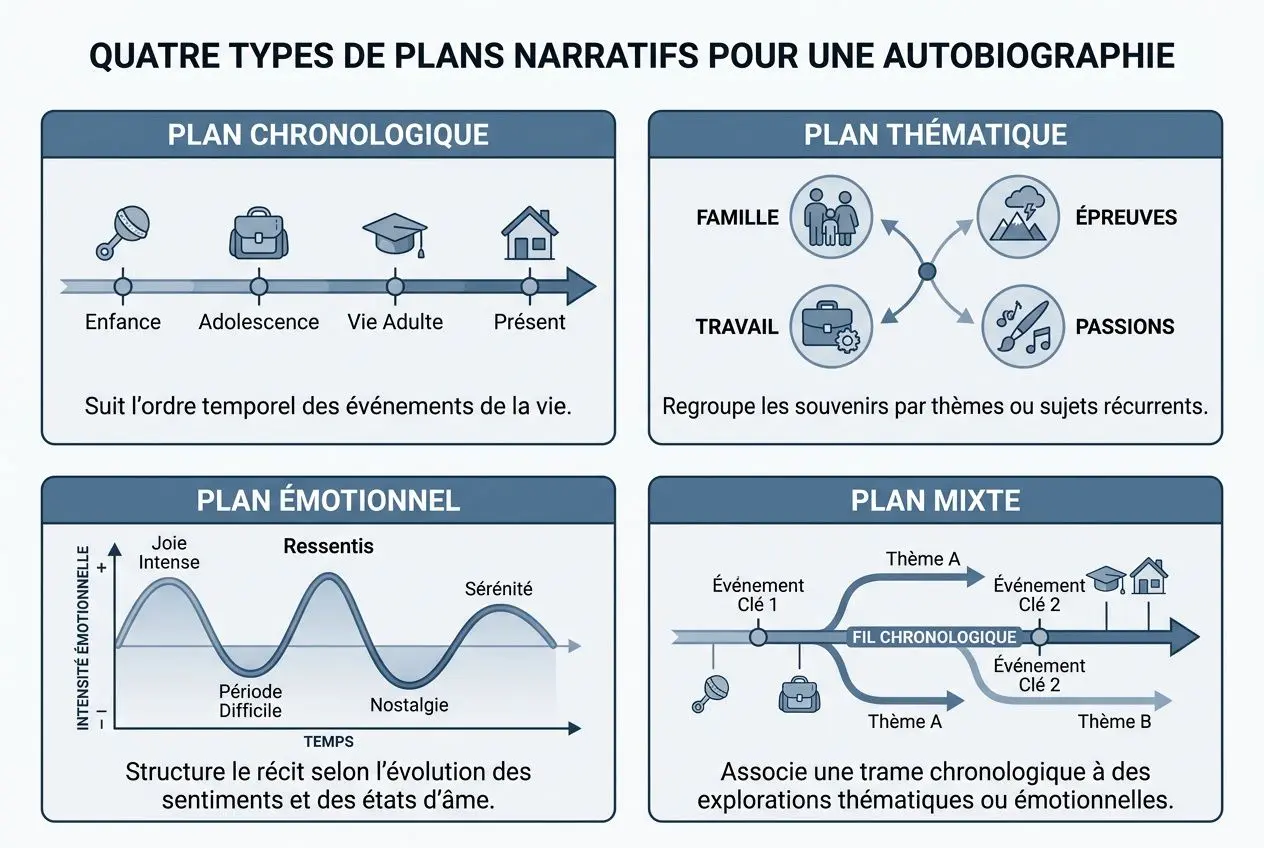 Quatre types de plans narratifs pour une autobiographie, dont plan chronologique et plan thématique, illustrés par des icônes et flèches.