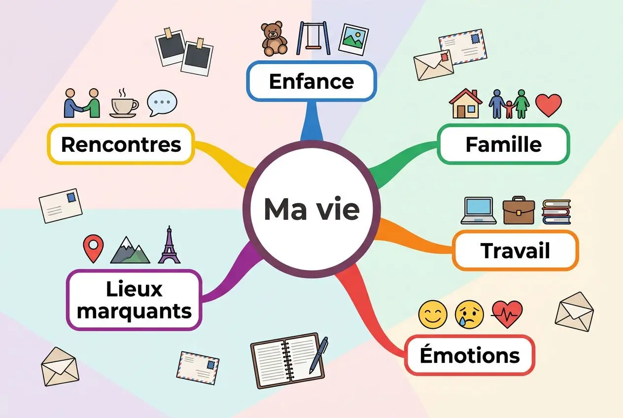 Schéma “Ma vie” en mind map montrant les branches Enfance, Famille, Travail, Émotions, Lieux marquants, Rencontres et Ébauches: imagination, souvenir et écriture autobiographique. aide pour écrire une autobiographie intégrée.