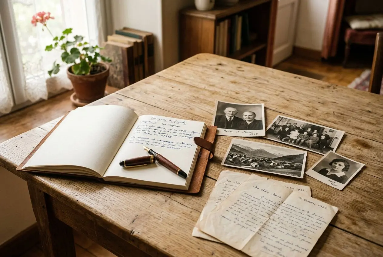Vieil album et carnet ouverts sur une table en bois avec photos noir et blanc et lettres, suggérant l’aide pour écrire sa biographie.