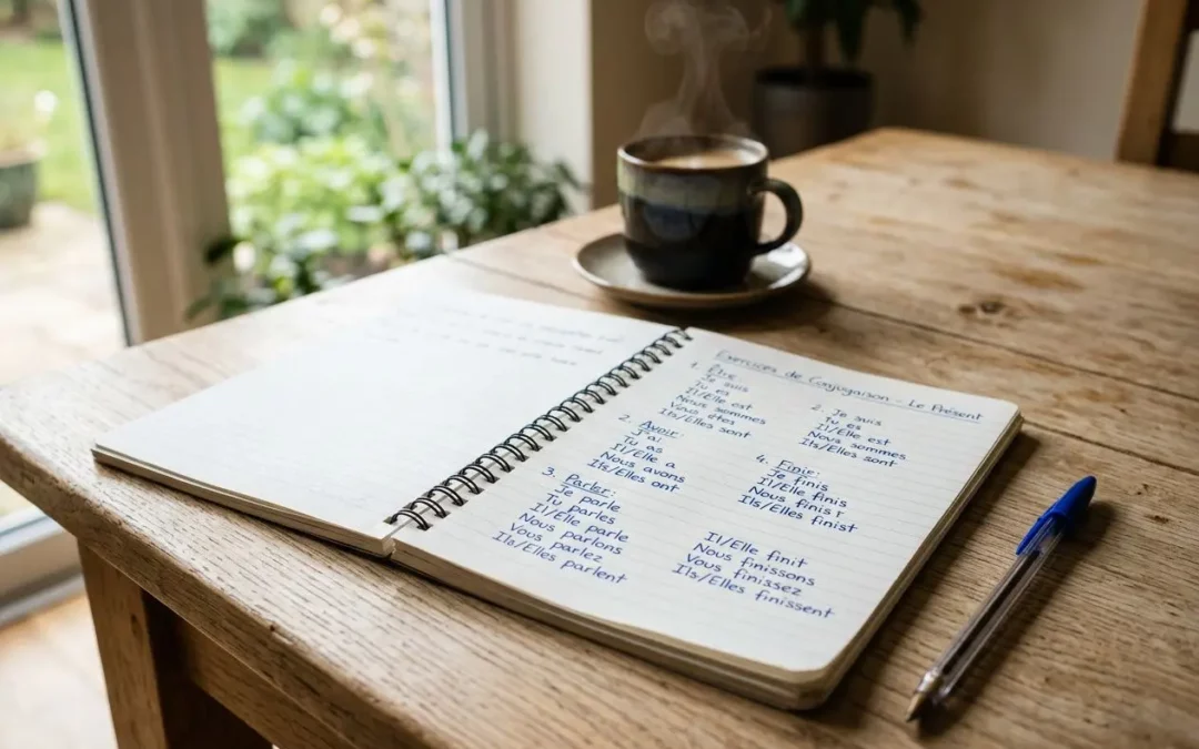 Page ouverte sur les conjugaisons du passé composé dans un carnet, avec café fumant et stylo sur une table en bois. Contexte: conjugaison passé composé.
