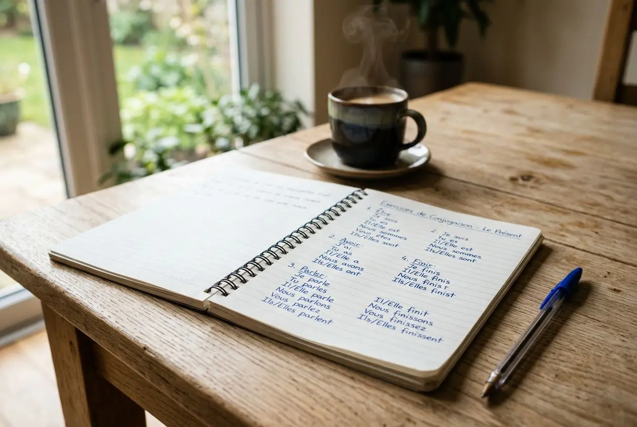 Page ouverte sur les conjugaisons du passé composé dans un carnet, avec café fumant et stylo sur une table en bois. Contexte: conjugaison passé composé.