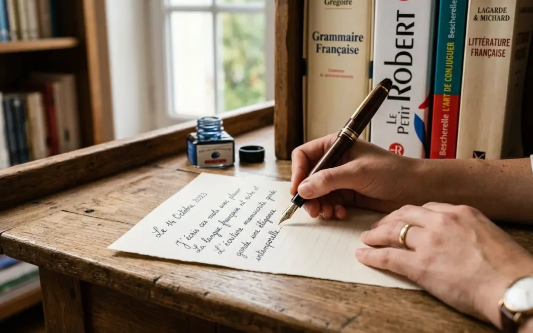Prise de notes manuscrites sur une table en bois, encre et plume près d’ouvrages de grammaire et d’un rituel de conjugaison verbes pronominaux.