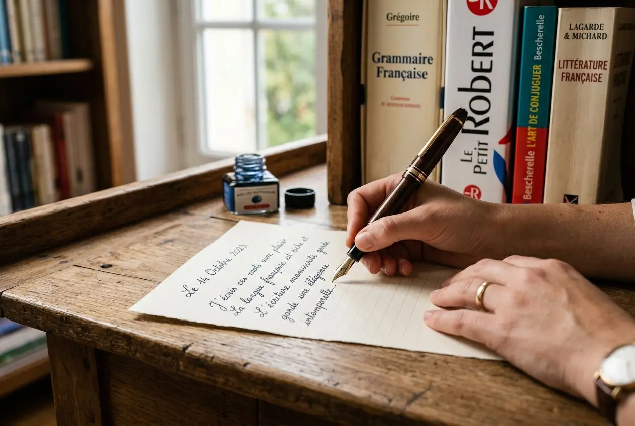 Prise de notes manuscrites sur une table en bois, encre et plume près d’ouvrages de grammaire et d’un rituel de conjugaison verbes pronominaux.
