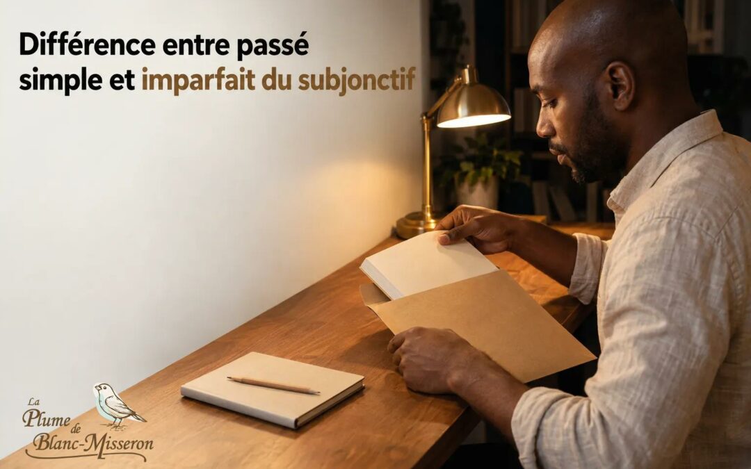 Un homme lit un carnet et tient une feuille dans un bureau éclairé par une lampe de bureau.