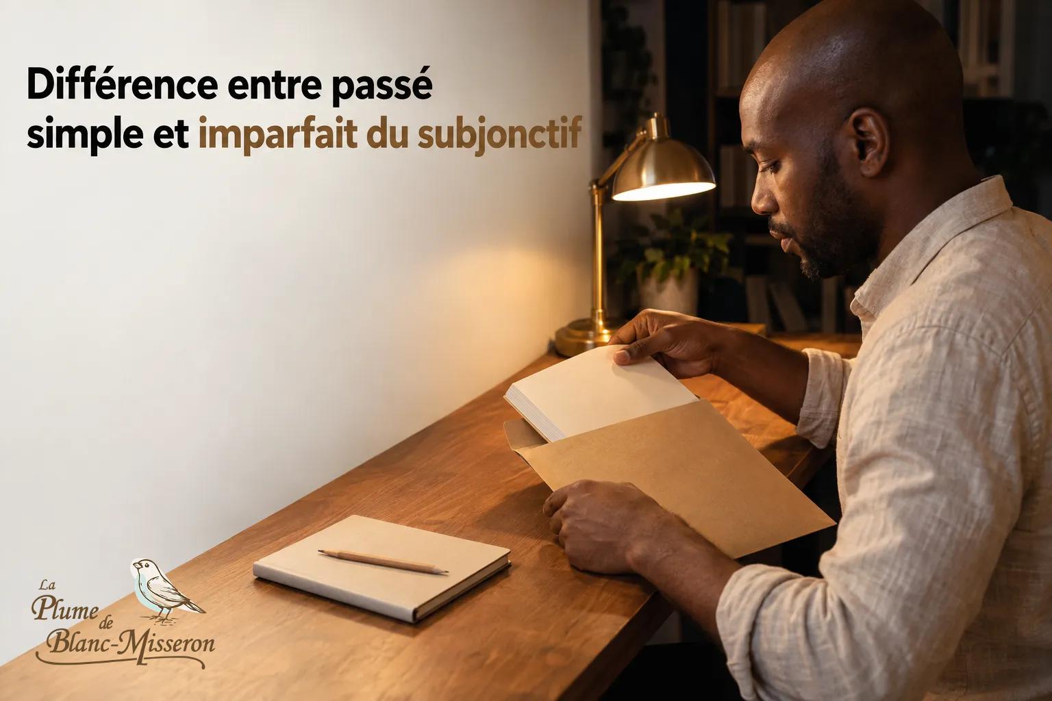 Un homme lit un carnet et tient une feuille dans un bureau éclairé par une lampe de bureau.